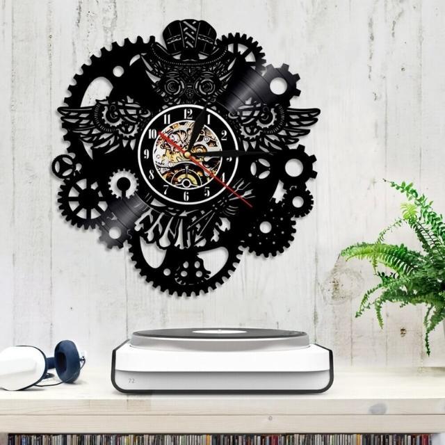 Vinyl Wall Clock Owl Steampunk