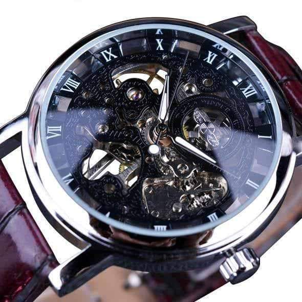 Steampunk Wrist Watch Leather Skeleton - Black Brown - Wrist