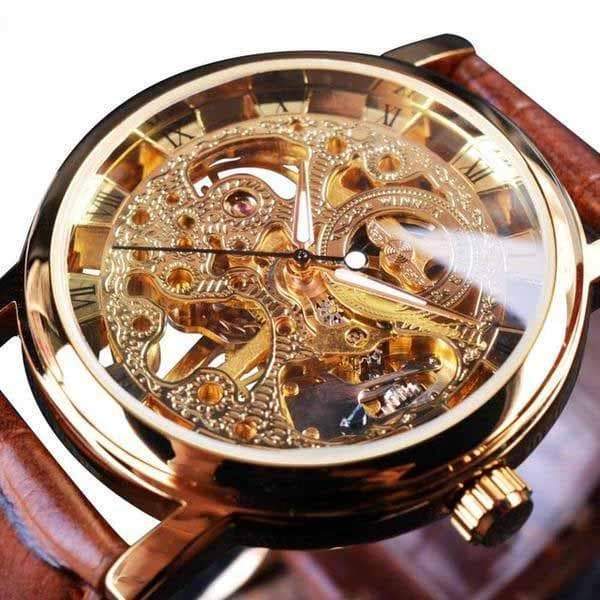 Steampunk Wrist Watch Leather Skeleton - Golden Brown - 