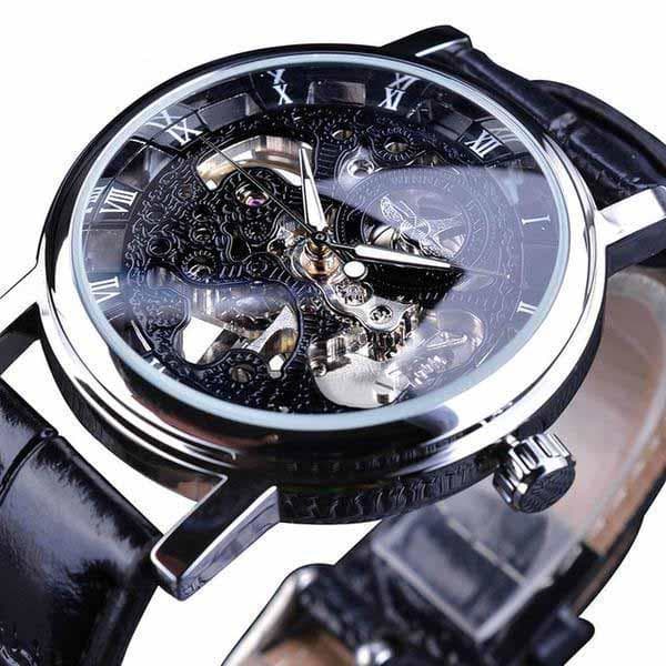 Steampunk Wrist Watch Leather Skeleton - Silver Black - 