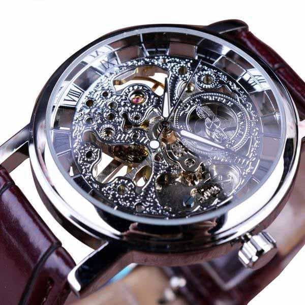 Steampunk Wrist Watch Leather Skeleton - Silver Brown - 