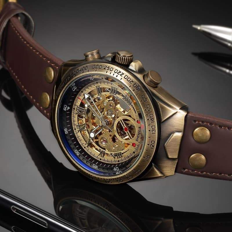 Carlien Skeleton Automatic Steampunk Watches Gold-Tone Luminous Hands  Leather Strap Wrist-Watch