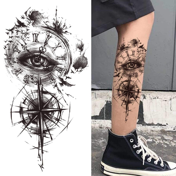 Compass, clock, cherry blossom and tree trash polka back tattoo | Steampunk  tattoo, Scripture tattoos, Trendy tattoos